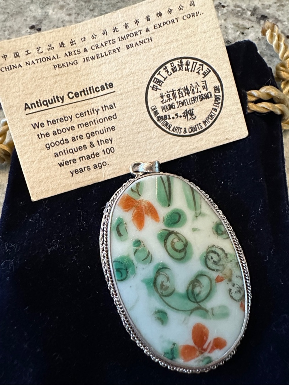 Vintage Chinese Porcelain shard and sterling silver pendant.